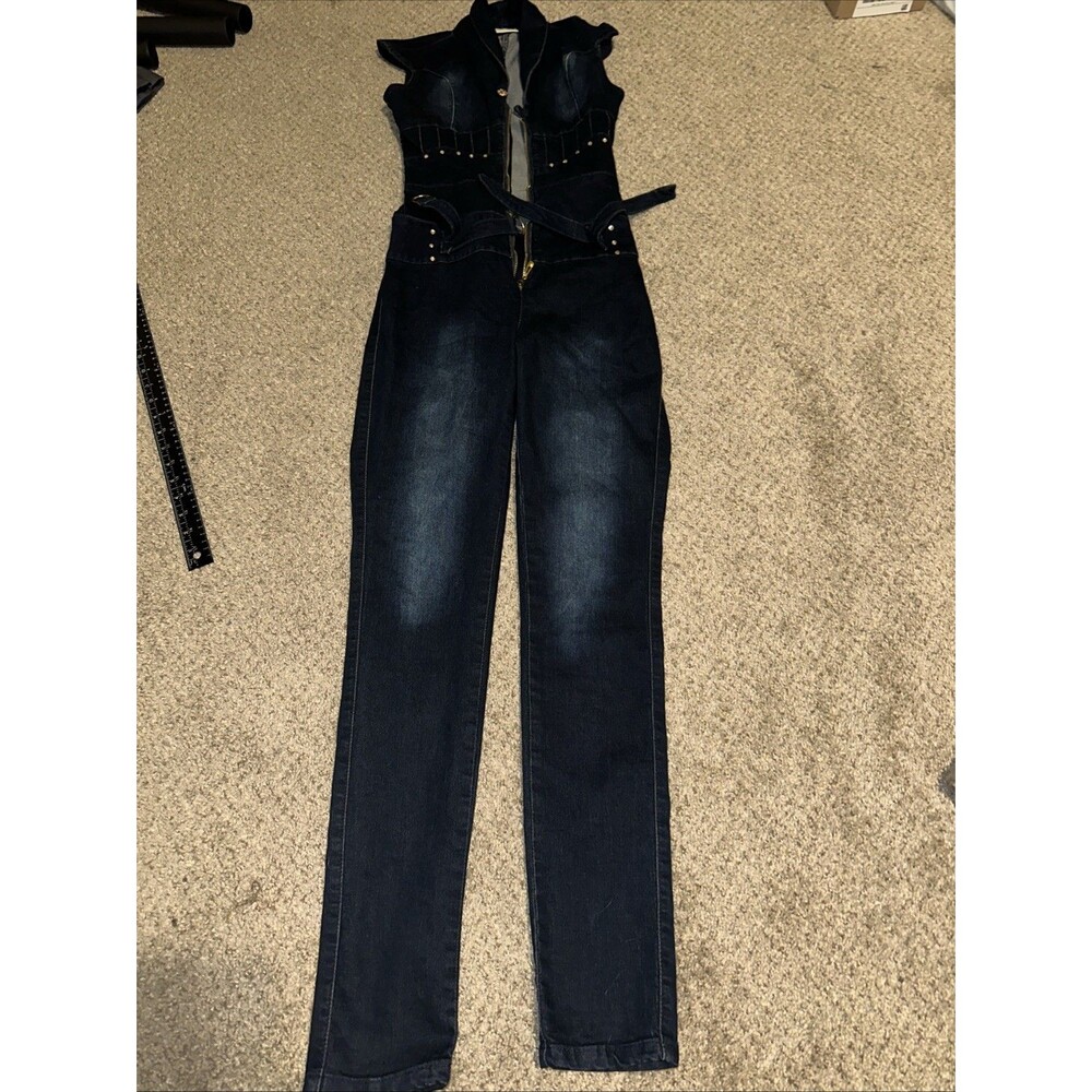 M. Michel Women ~ Size 9~ Blue Denim Sleeveless Jumpsuit Romper. Festival Boho